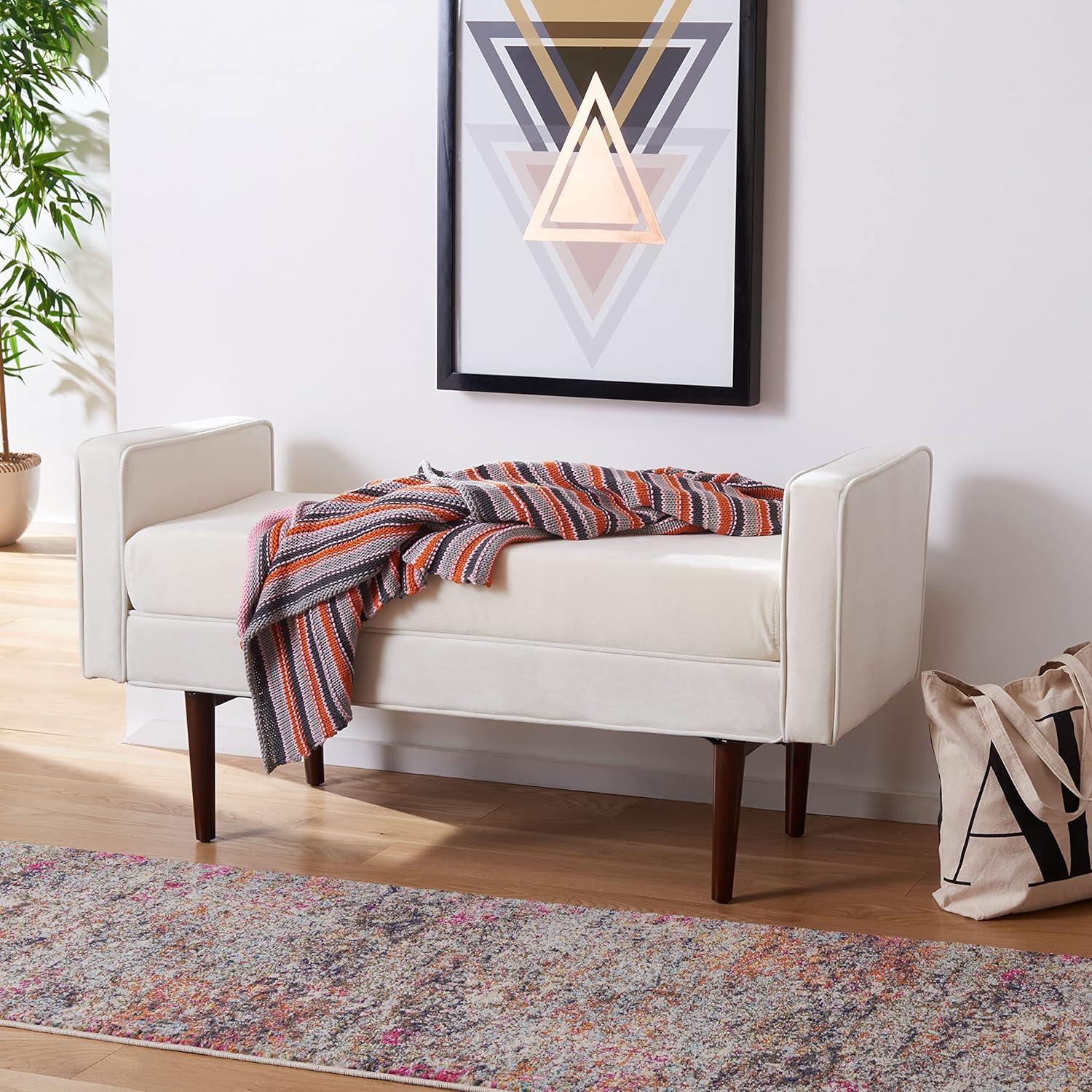 Henri Mid-Century Cream Velvet and Walnut Cushioned Bench