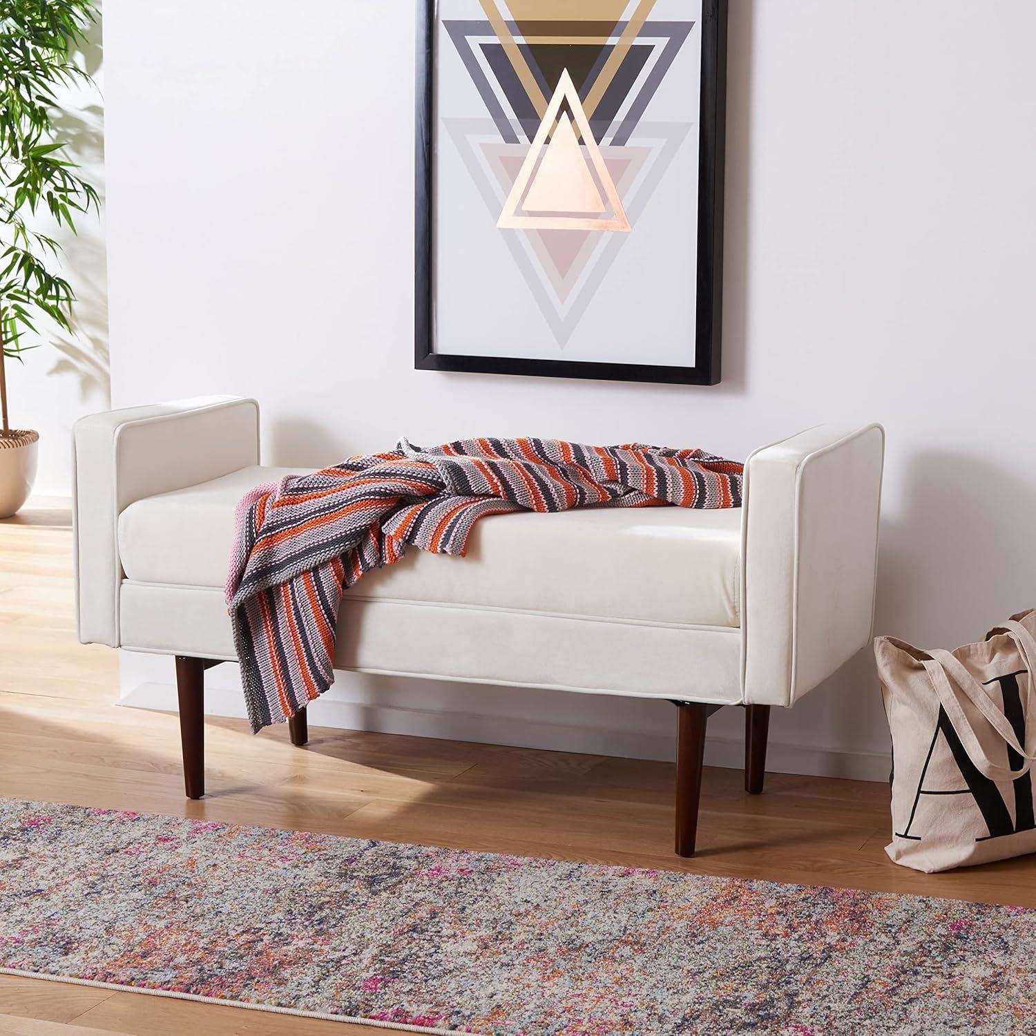 Henri Mid-Century Bench - Navy Linen/Walnut - Safavieh