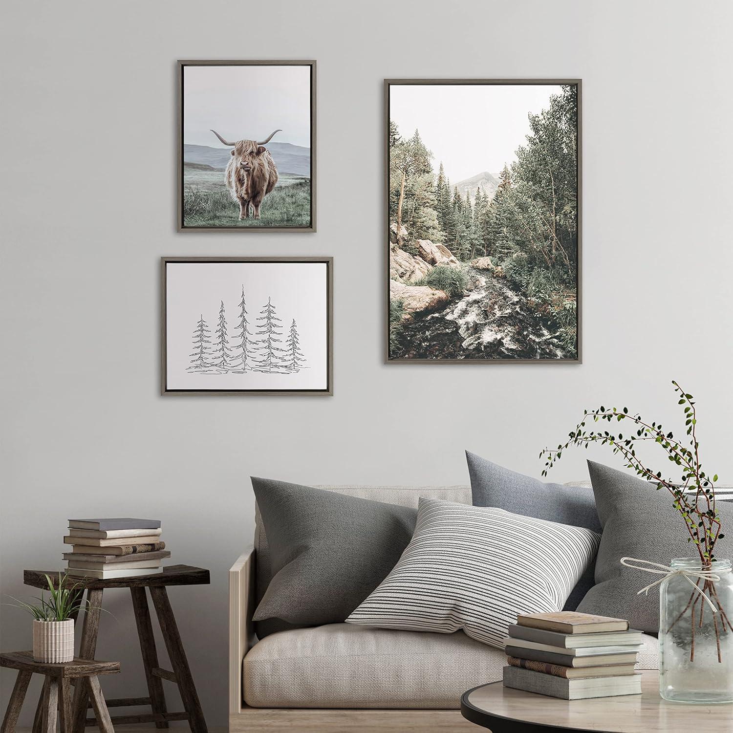 Highland Cow and Evergreen Trees Canvas Wall Art Set