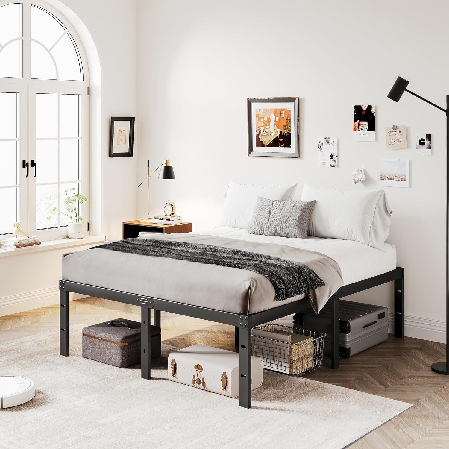 Full Size Black Steel Platform Bed Frame with Storage