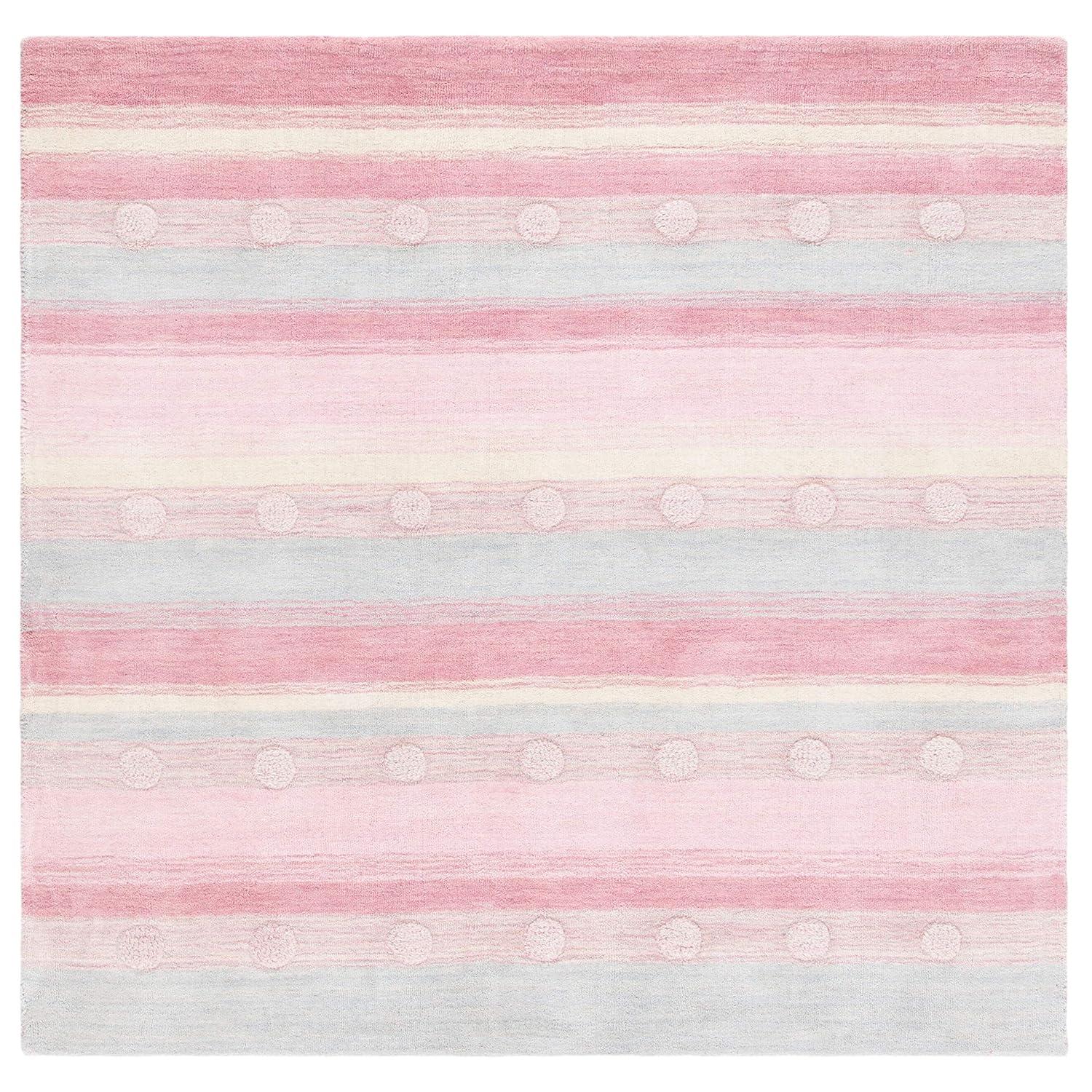 SAFAVIEH Kids Jayde Geometric Striped Wool Area Rug, Light Blue/Pink, 5' x 5' Square