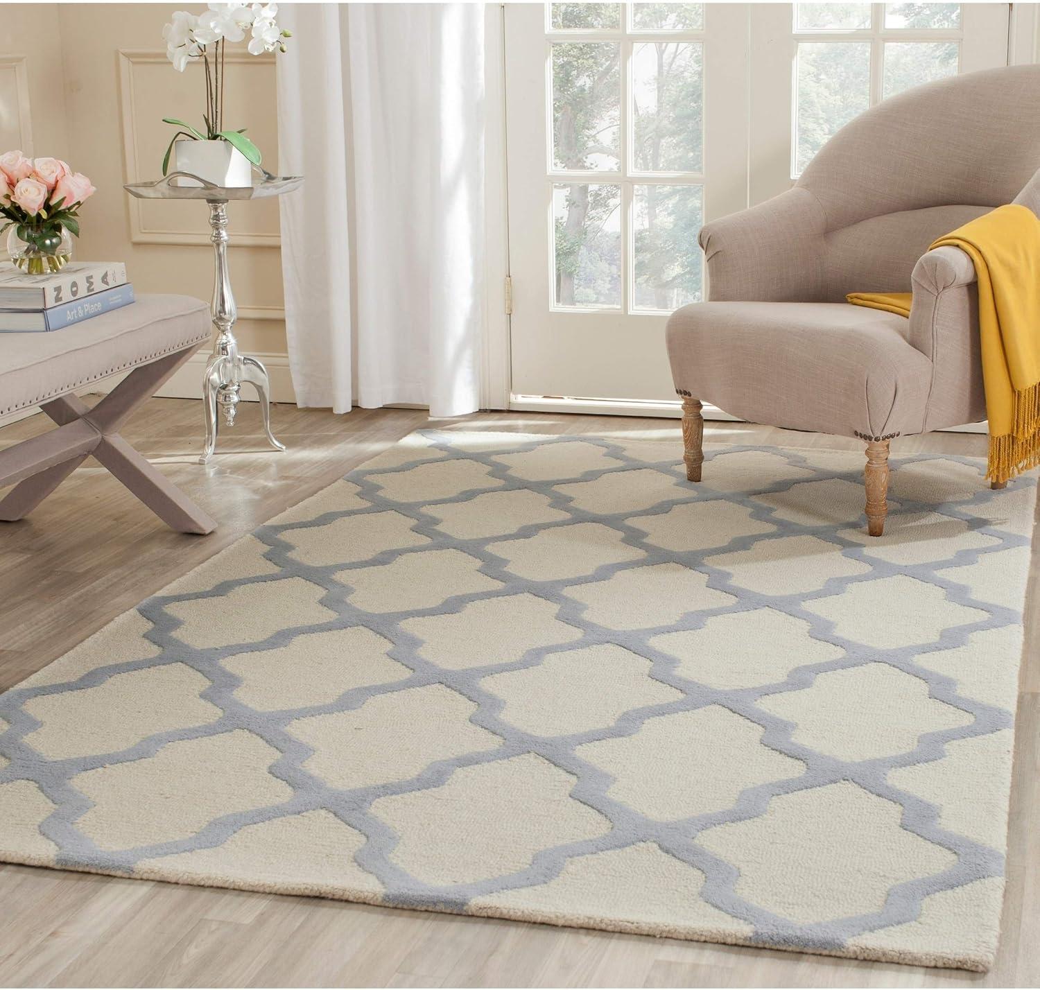 SAFAVIEH Cambridge Liam Geometric Wool Area Rug, Ivory/Light Blue, 9' x 12'