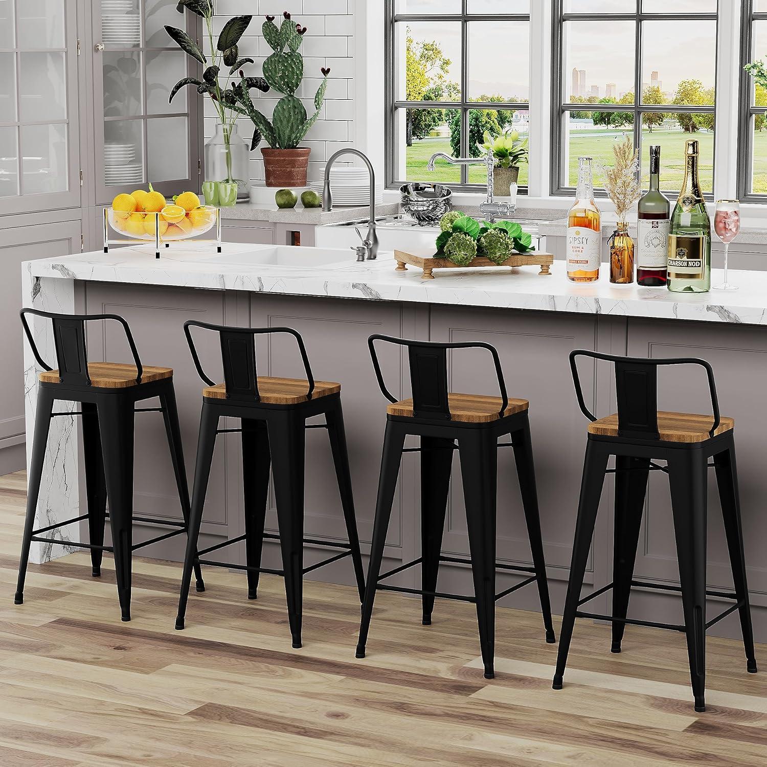 Bar Stools Set of 4 Metal Bar Stool Counter Height Bar Stools 26" Black Modern Bar Chairs with Back and Wooden Seat Bar Stools Counter Height