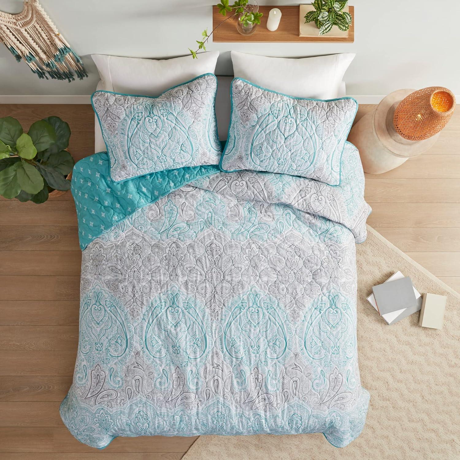 Madison Park Cardi Reversible Cotton Quilt Set - Paisley Design, Boho Reverse Summer Breathable Coverlet, Lightweight All Season Bedding Layer, Shams, Full/Queen(90"x90"), Teal 3 Piece