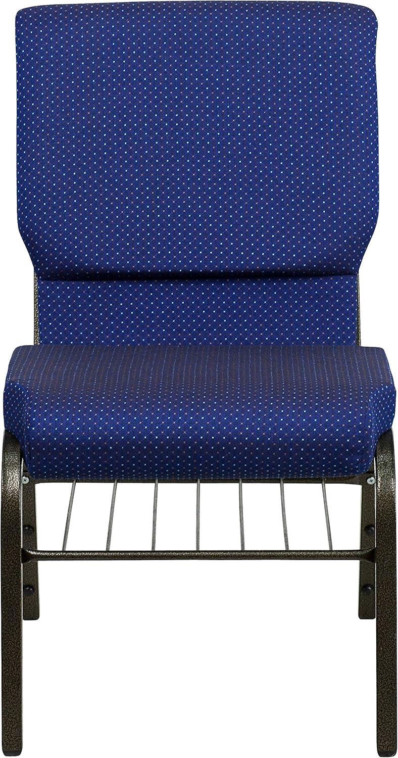 BizChair 18.5''W Church Chair in Navy Blue Patterned Fabric with Book Rack - Gold Vein Frame