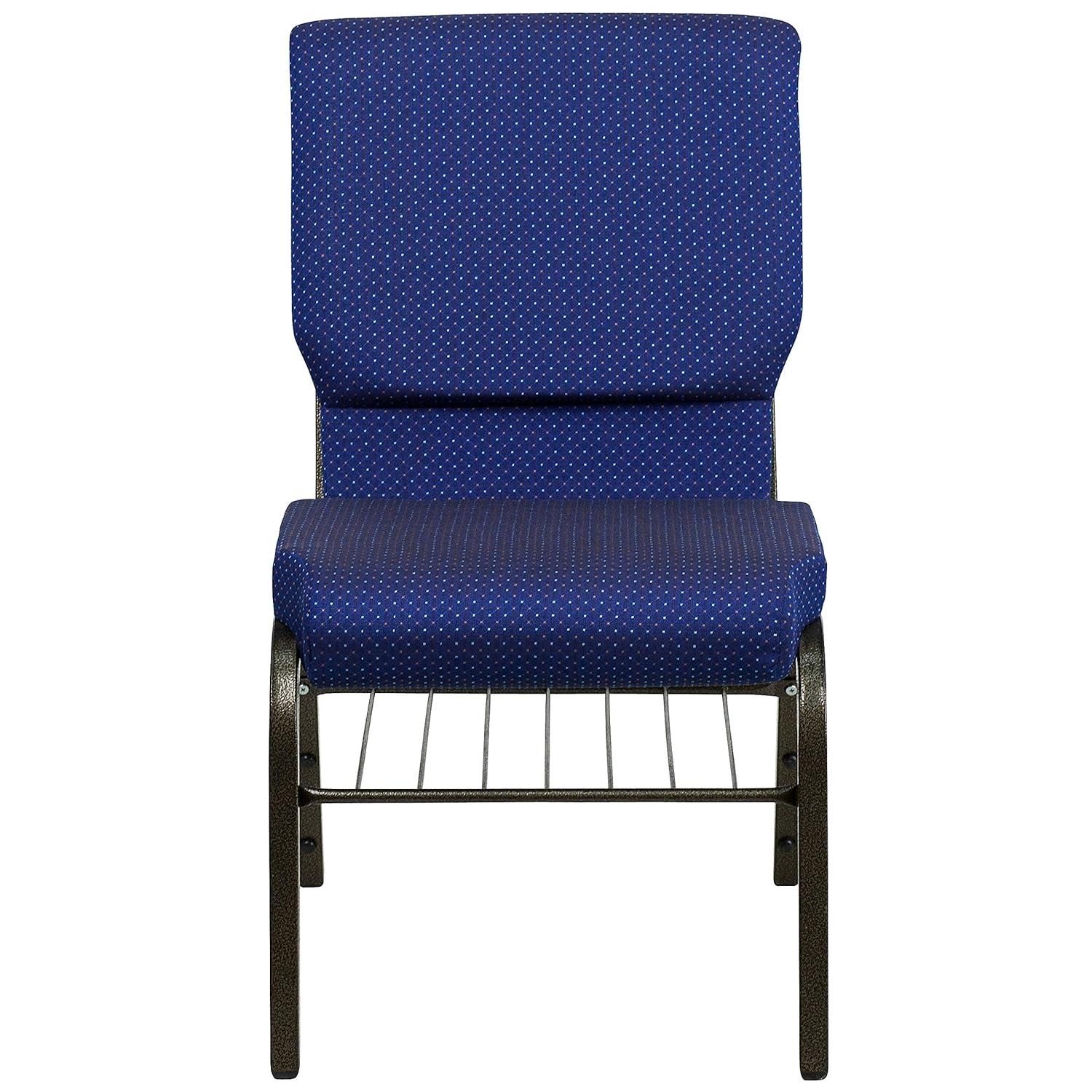 BizChair 18.5''W Church Chair in Navy Blue Patterned Fabric with Book Rack - Gold Vein Frame