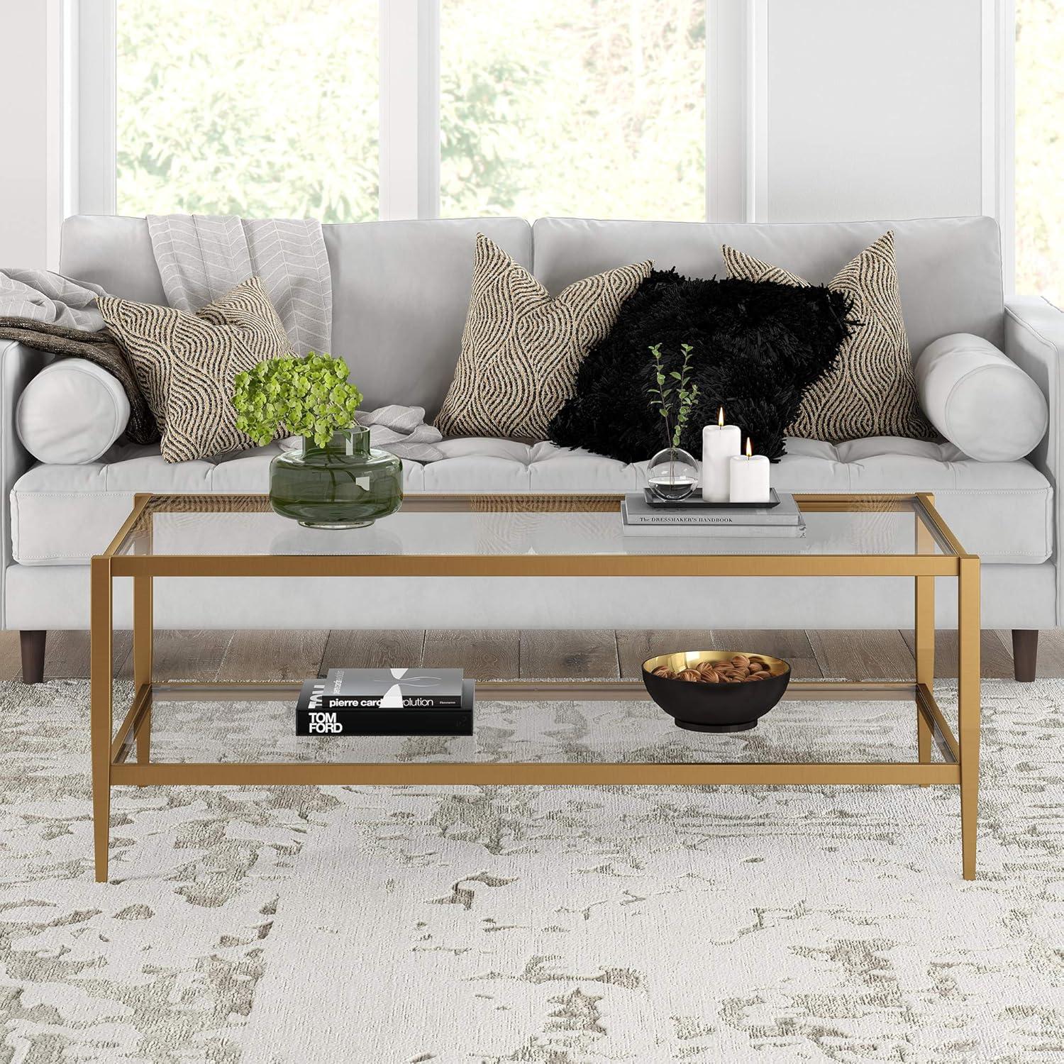 Evelyn&Zoe Hera 45" Wide Rectangular Coffee Table with Glass Shelf, Antique Brass