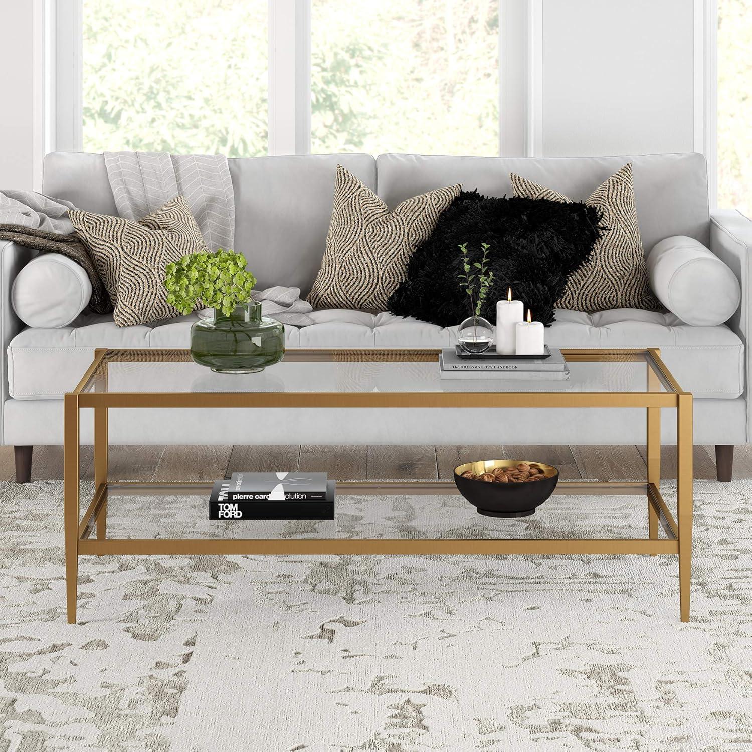 Modern Rectangle Coffee Table in Brass and Gold with Mirrored Shelf - Henn&Hart