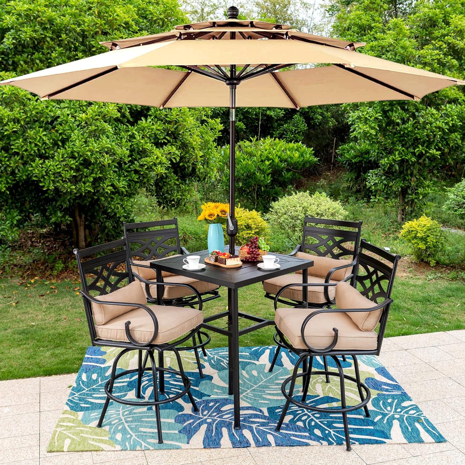 Outdoor 360°swivel Bar Stools Set Of 2 With Seat Cushions High Back & Armrests