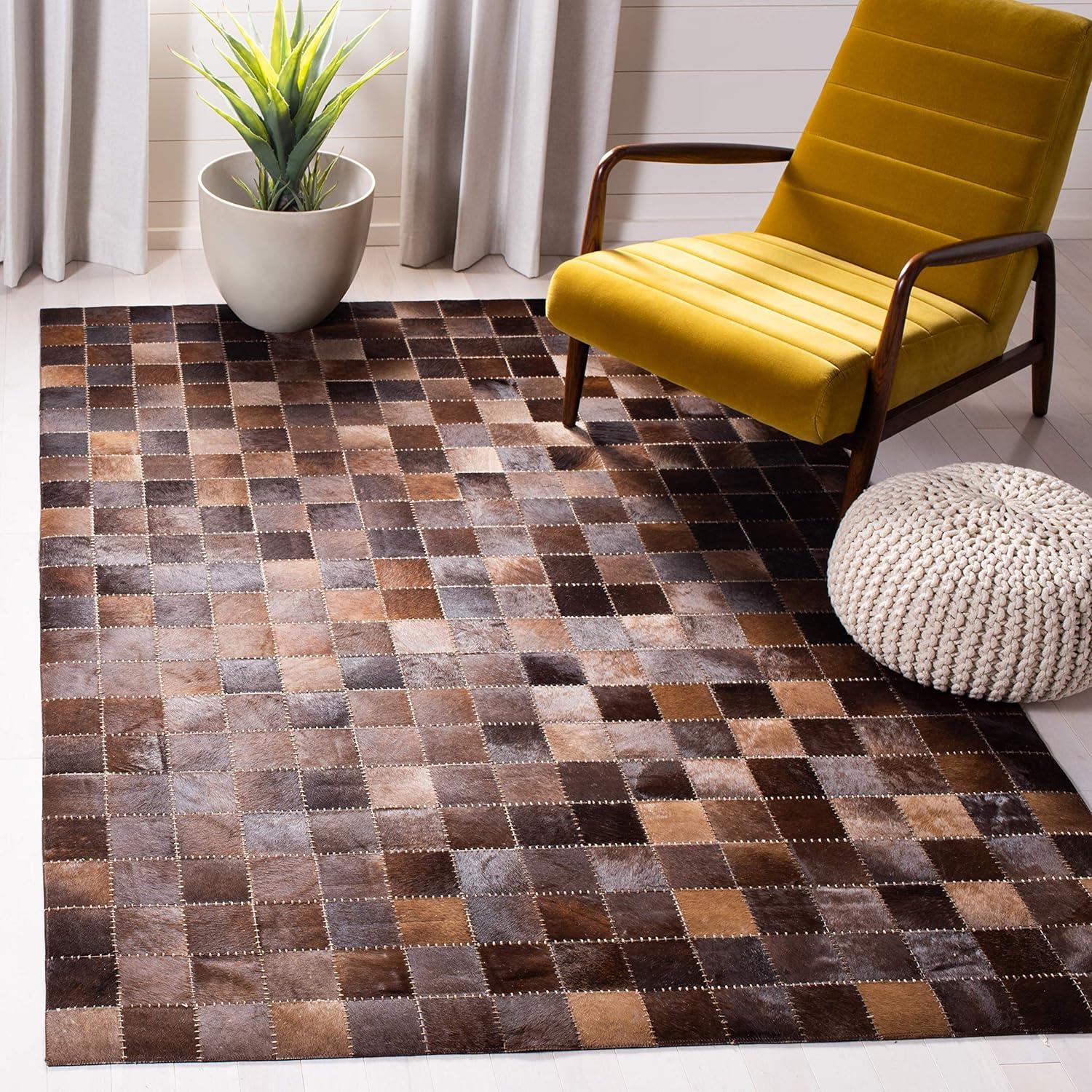 Handmade Brown and Beige Geometric Cowhide Area Rug