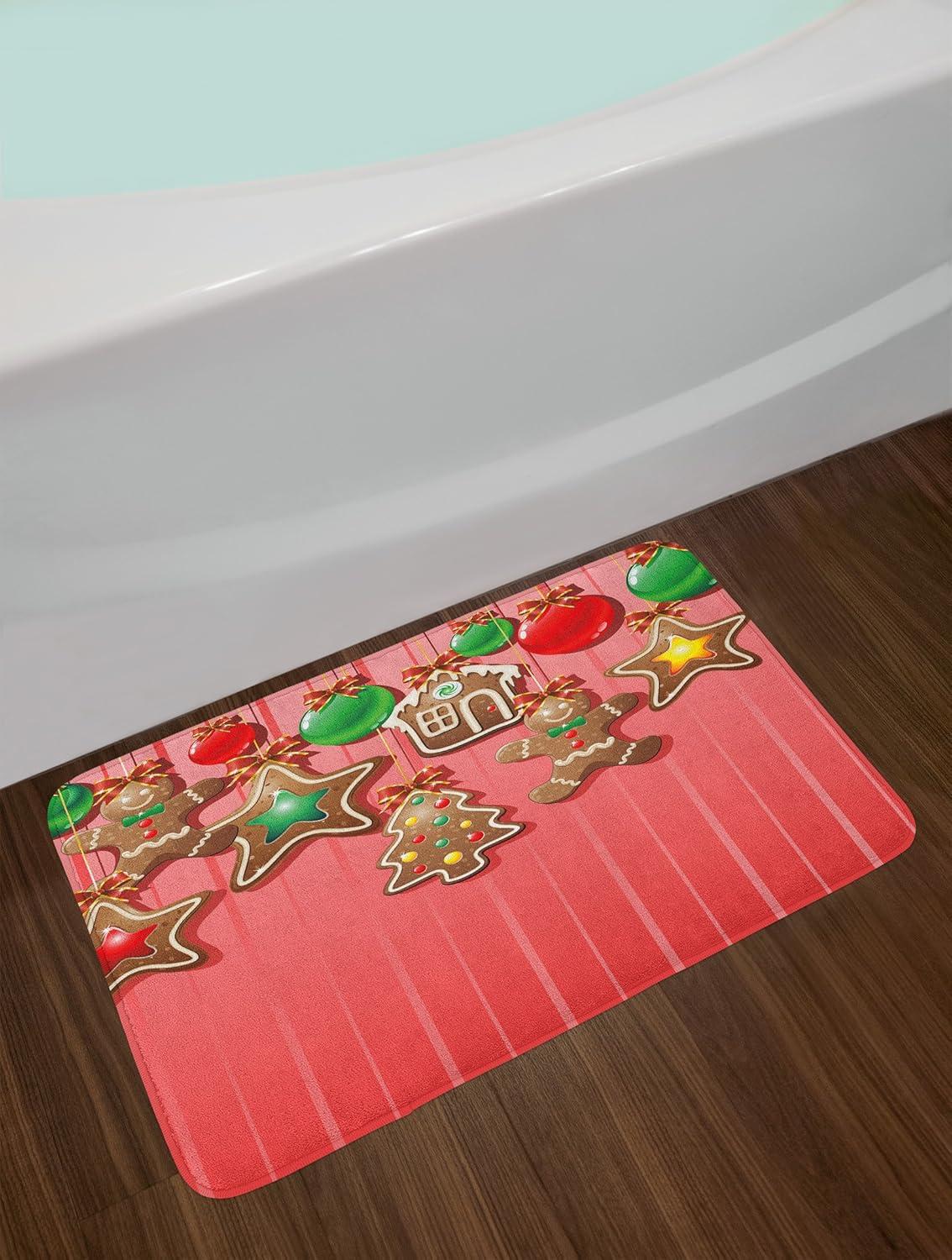 Gingerbread Man Bath Mat, Christmas Cookies and Baubles with Bowties Symbolic Pastry Kids Design, Non-Slip Plush Mat Bathroom Kitchen Laundry Room Decor, 29.5 X 17.5 Inches, Multicolor, Ambesonne