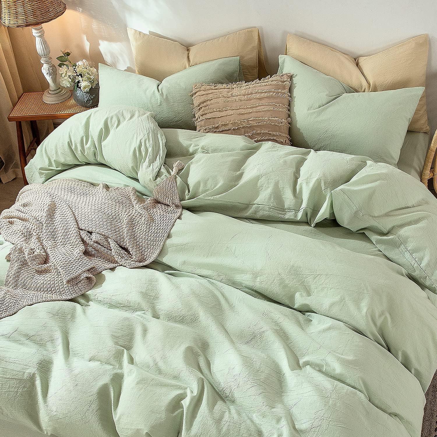 MOOMEE 100% Washed Cotton Linen Like Textured Duvet Cover Set