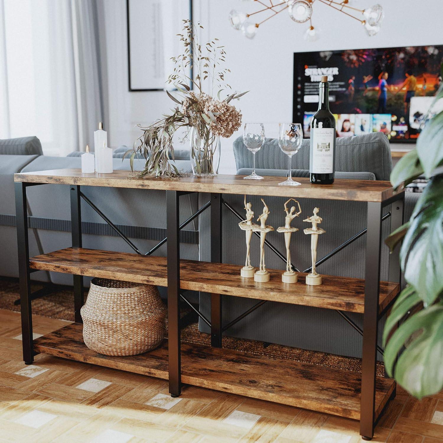 IRONCK 55" Rustic Brown Metal and Wood Console Table with Storage