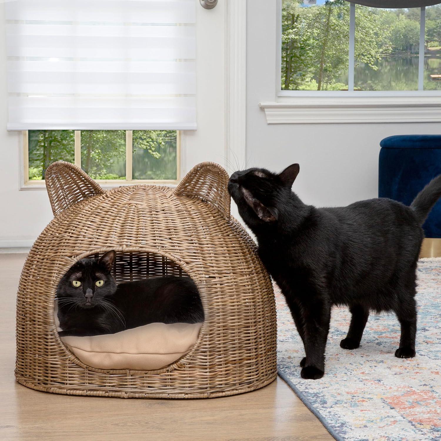 Cat Ear Handwoven Rattan Cat Bed with Cushion