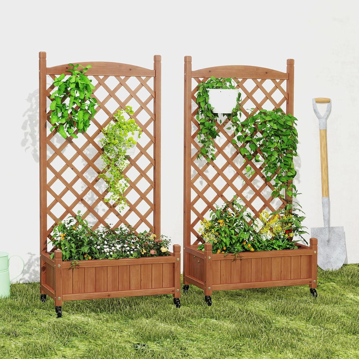 August Grove® Raised Garden Bed With Trellies 2 Pack, Outdoor Wooden Planter Box For Climbing Plants, Vegetables Herb Growing