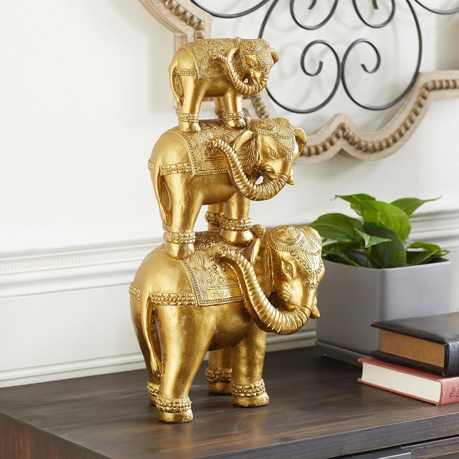 11" x 18" Gold Polystone Stacked Elephant Sculpture, by DecMode