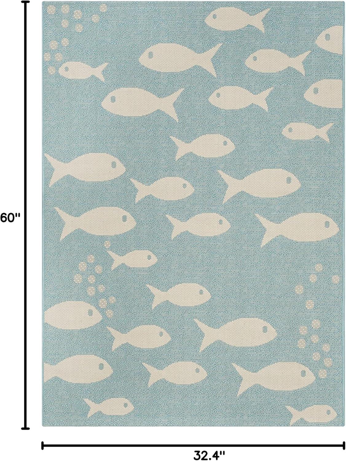 SAFAVIEH Courtyard Trena Fish Print Indoor/Outdoor Area Rug, 2'7" x 5', Aqua/Beige