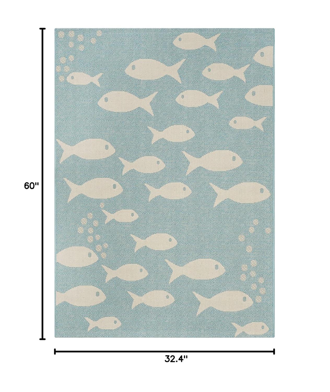 SAFAVIEH Courtyard Trena Fish Print Indoor/Outdoor Area Rug, 2'7" x 5', Aqua/Beige