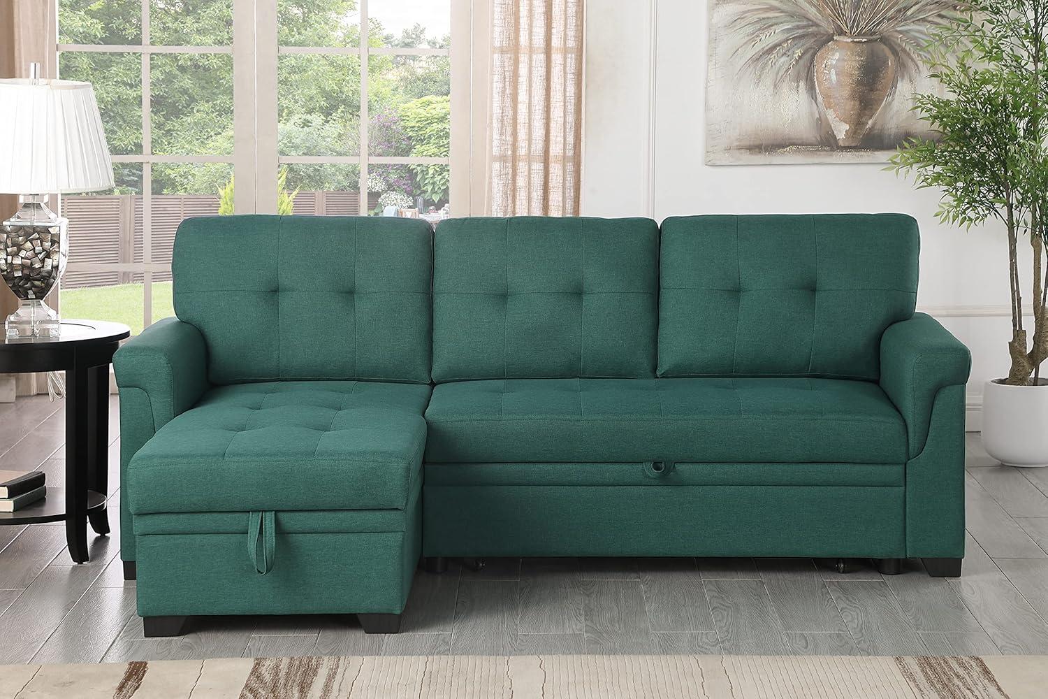 Lucca Green Linen Fabric Reversible Sleeper Sectional Sofa with Storage Chaise