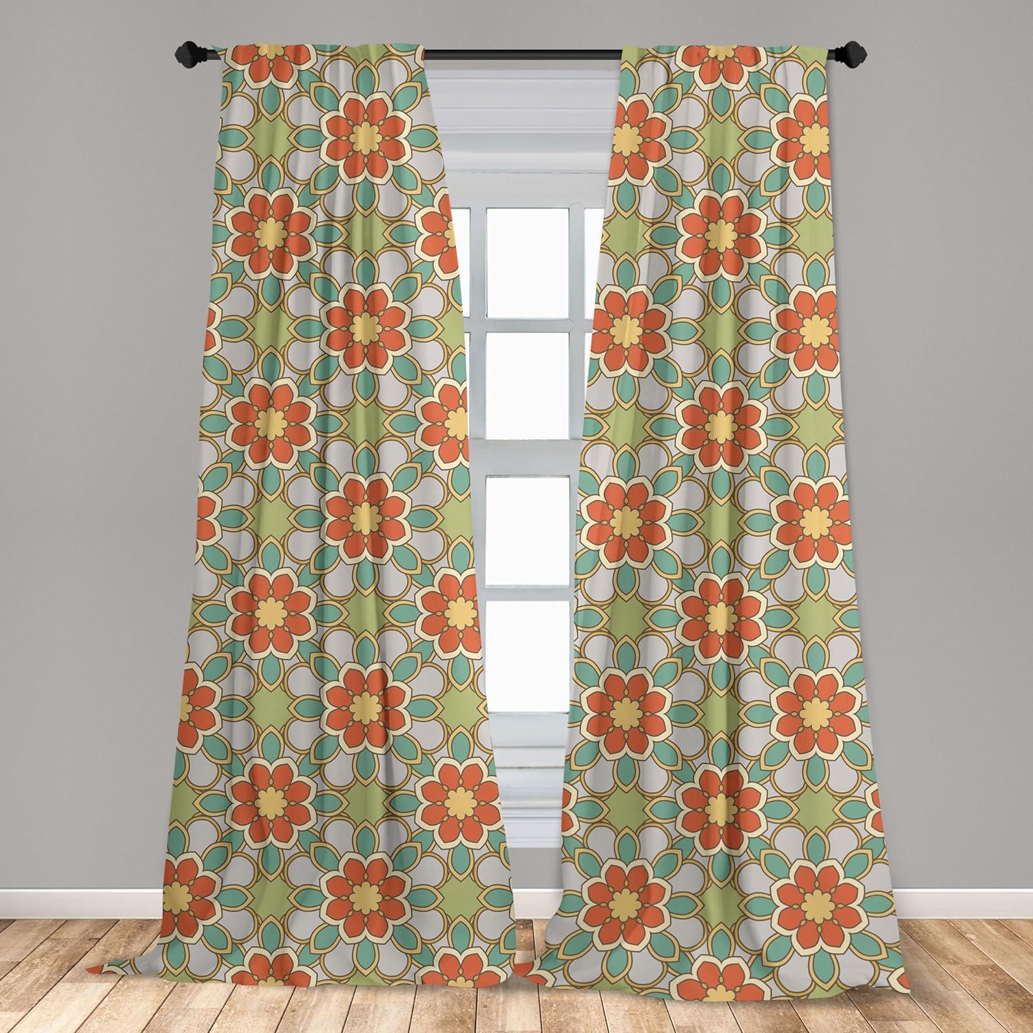 Floral Window Curtains, Print of Rhythmic Abstract Nostalgic 60's Flowers Petals Blossoms in Retro Tones, Lightweight Decor 2-Panel Set with Rod Pocket, Pair of - 28"x84", Multicolor, by Ambesonne