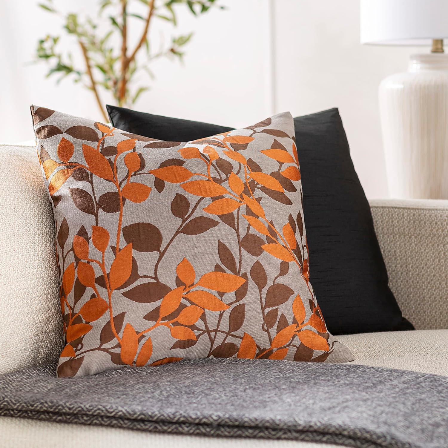 Embroidered Rust and Brown Botanical Polyester Euro Pillow Cover