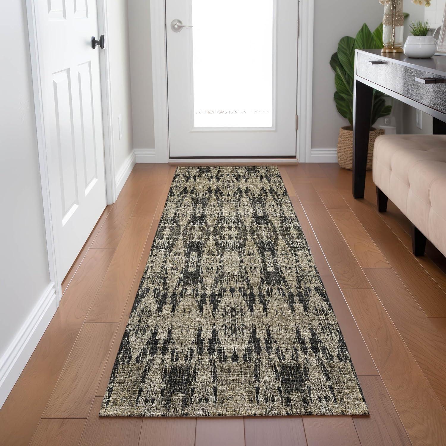 Black and Beige Moroccan Motif Washable Runner Rug