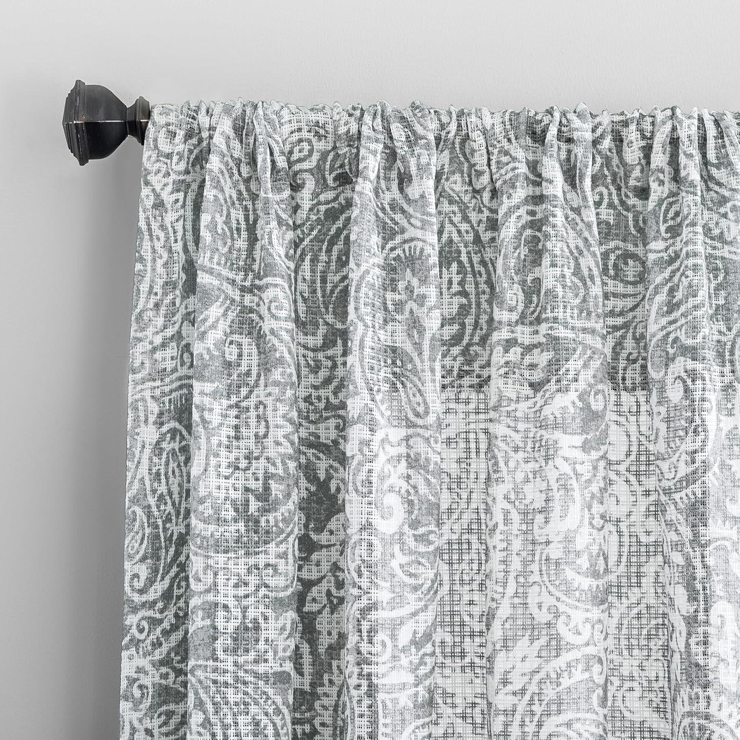 Gray Paisley Waffle Weave Cotton Blend Sheer Curtains, 50" x 84"