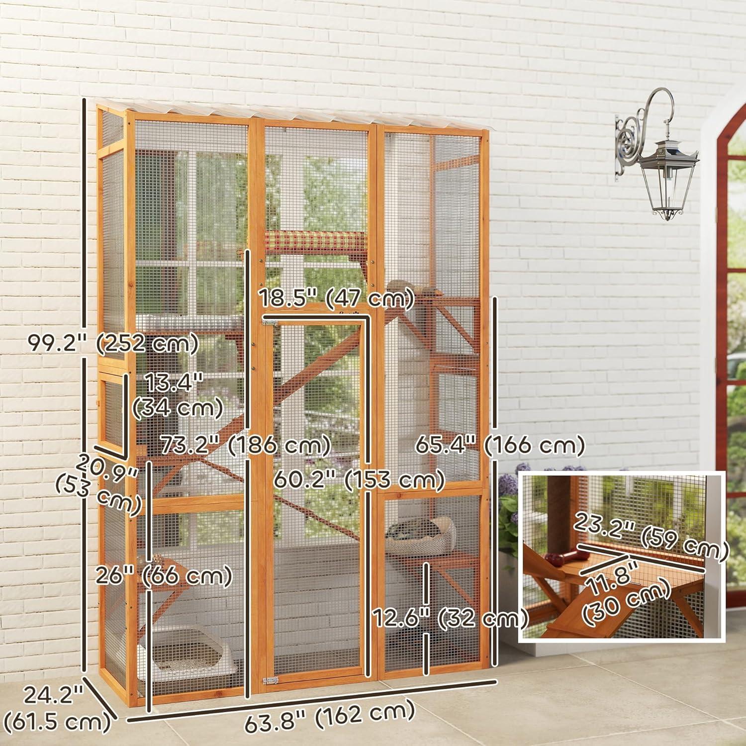 PawHut Outdoor Catio Cat Enclosure, Large Wooden Cat House with 6 Jumping Platforms, Scratching Post, 2 Ramps, Waterproof Roof, for 2-3 Kittens