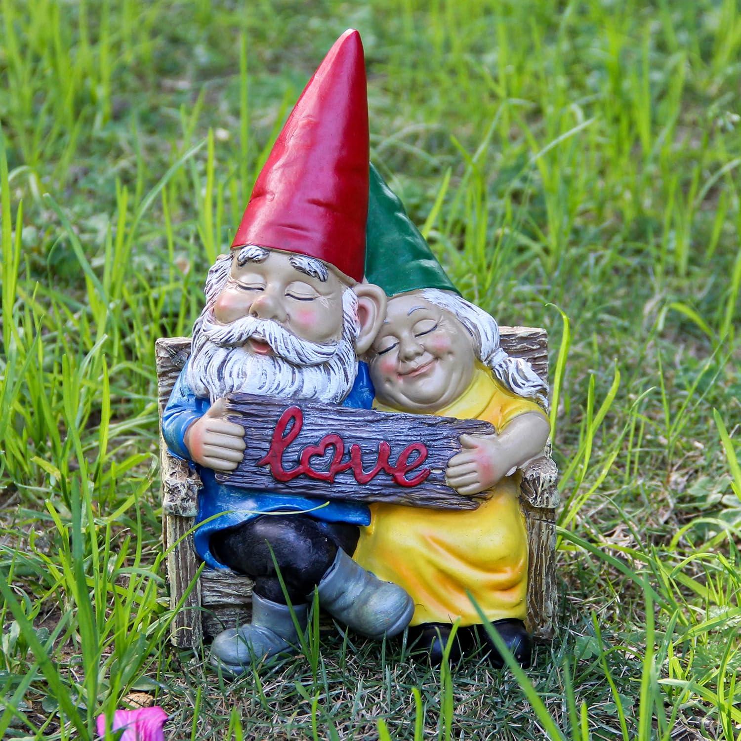 Colorful Resin Couple Gnomes on Log with Mushroom Table