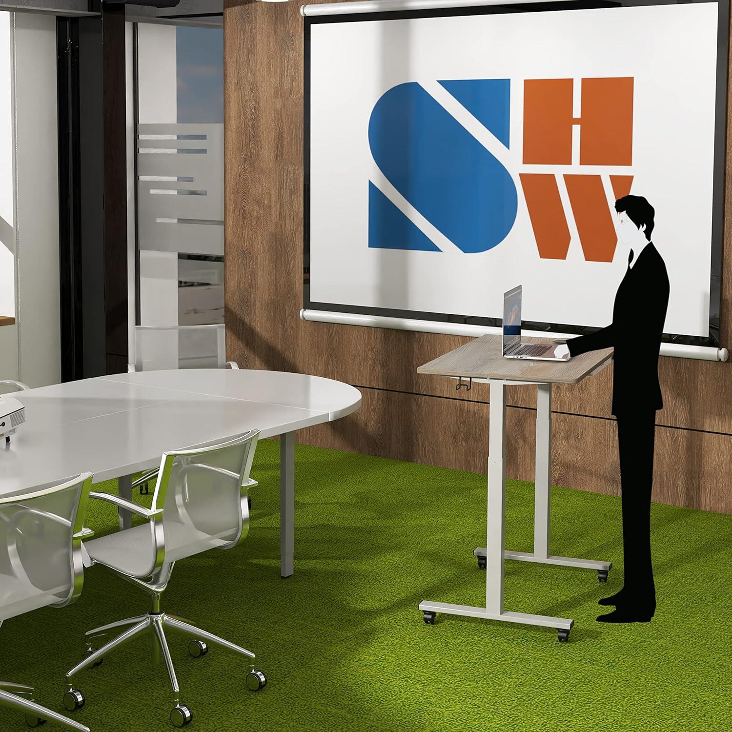 SHW 40-Inch Mobile Electric Height Adjustable Sit to Stand Desk with Drawer, Hanging Hooks and Cable Management, Oak