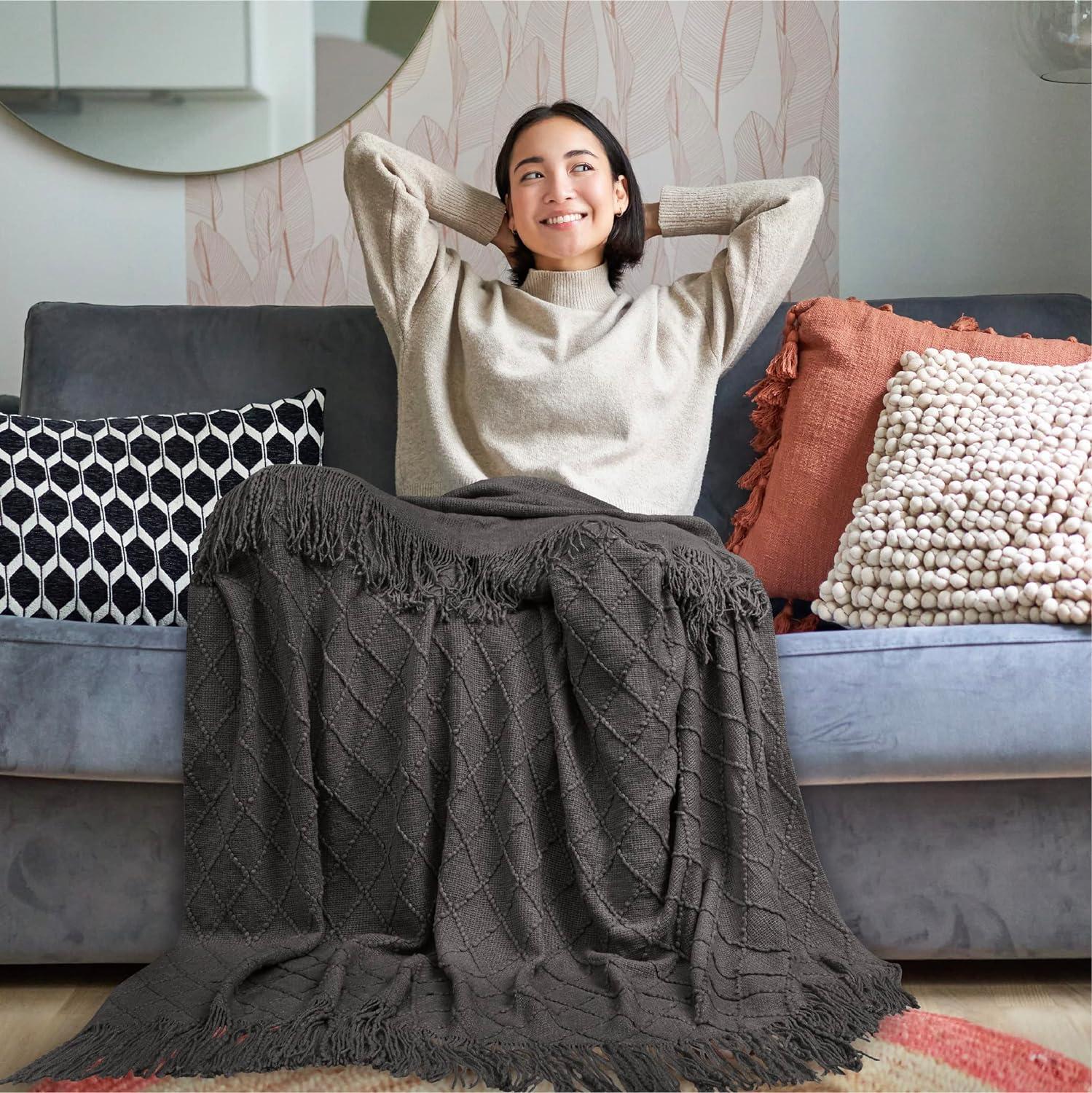 Charcoal Gray Knitted Fringe Throw Blanket for Couch