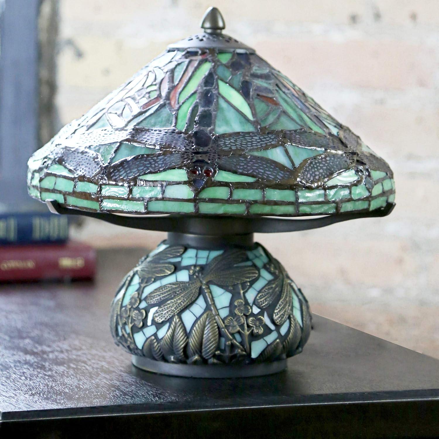 Bronze Mission 10" Stained Glass Dome Table Lamp with Dragonfly Mosaic Base