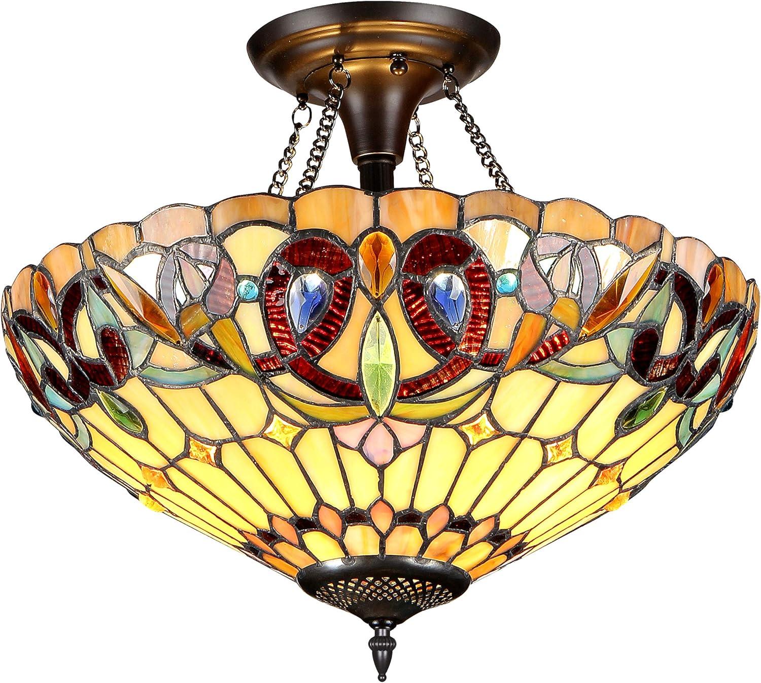 SERENITY Tiffany-style 2 Light Victorian Semi-flush Ceiling Fixture 16" Shade