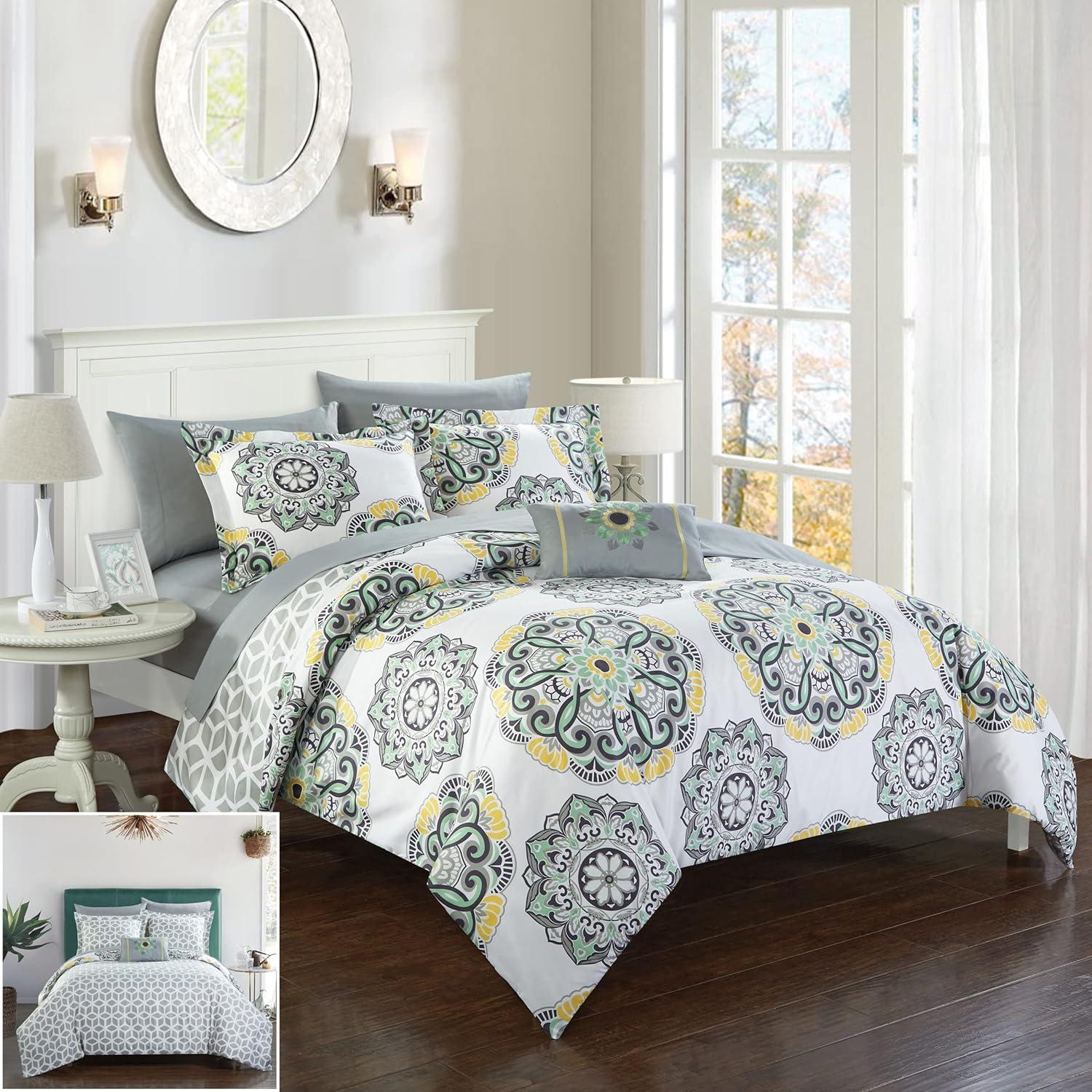 8 or 6 Pc. Barella Super soft Large Printed Medallion REVERSIBLE with Geometric Printed Backing Comforter Set