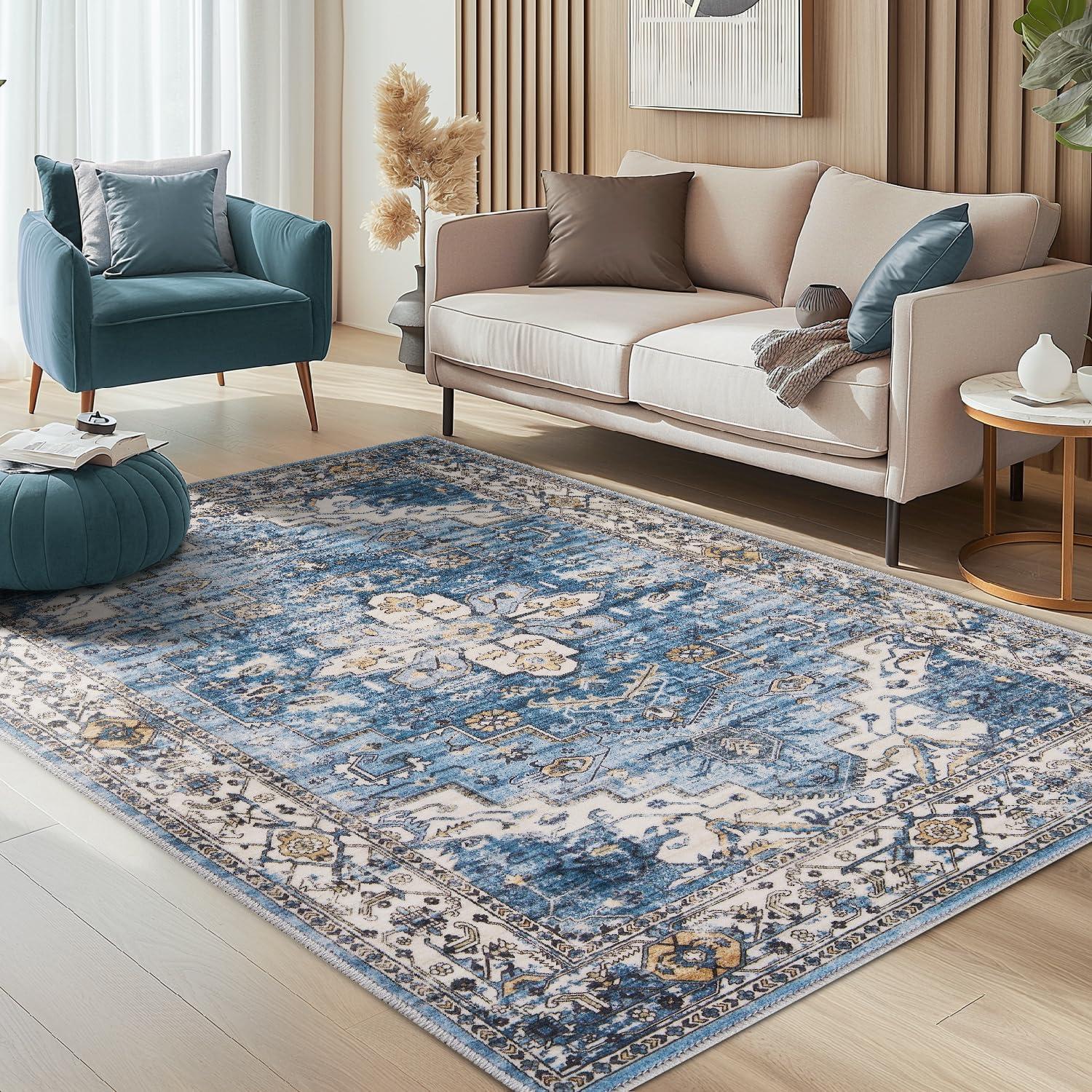 Hasoo 3' x 5' Area Rug Medallion Print Distressed Entryway Rug Persian Soft Foldable Accent Rug for Bedroom Living Room, Blue