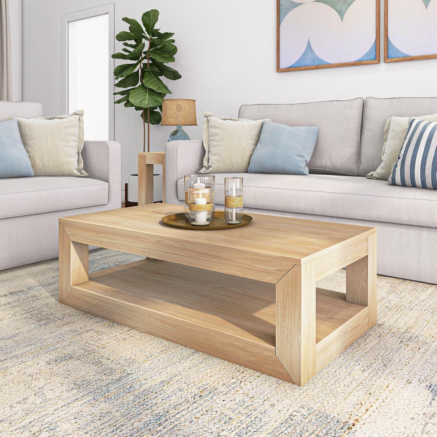 Plank+Beam Modern Rectangular Coffee Table with Shelf, 48", Solid Wood Table