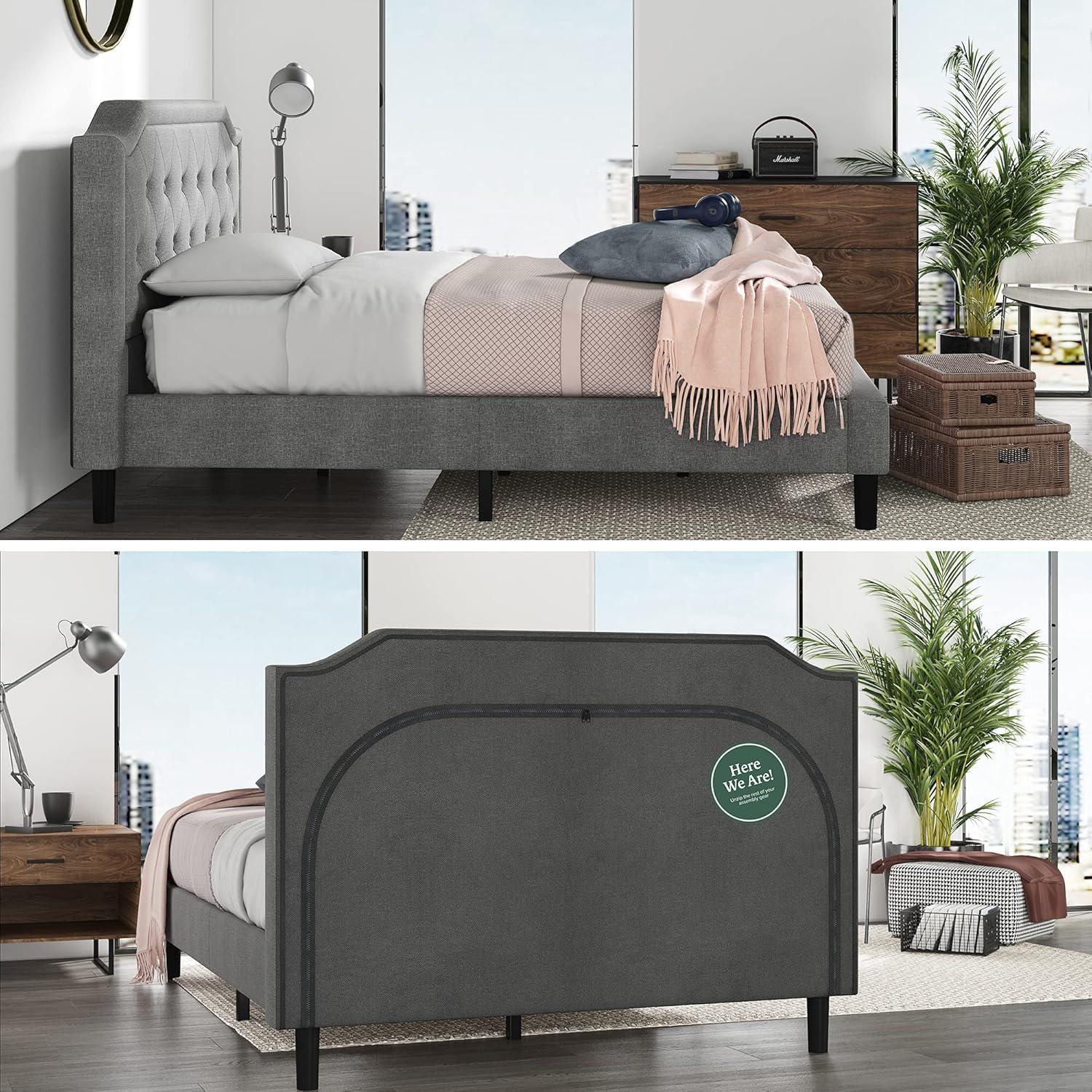 Queen-Sized Scalloped Edge Upholstered Platform Bed with Tufted Headboard