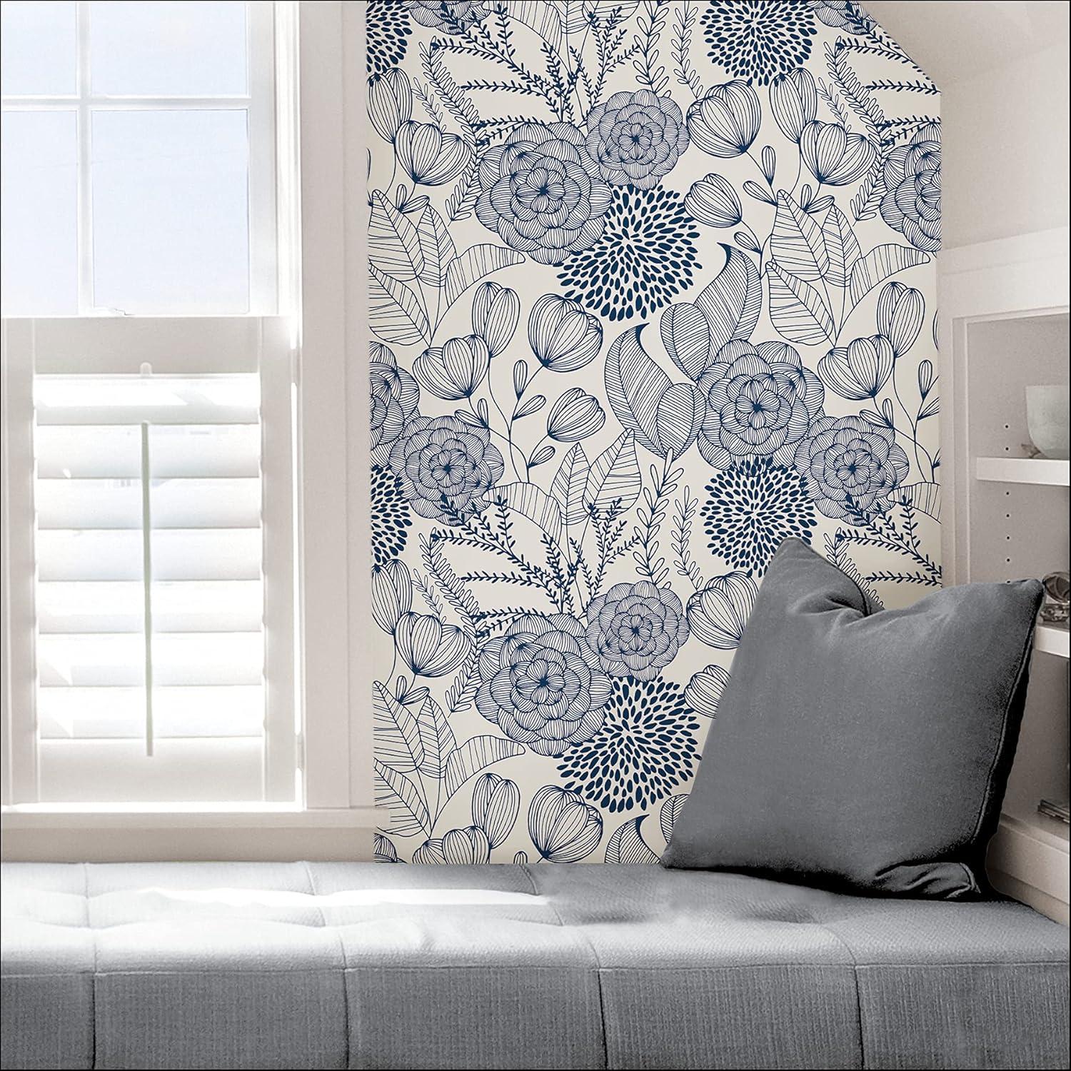 NuWallpaper Secret Garden Peel and Stick Wallpaper Navy: Removable Vinyl, Self-Adhesive, Smooth Finish, 28.2 Sq Ft Coverage