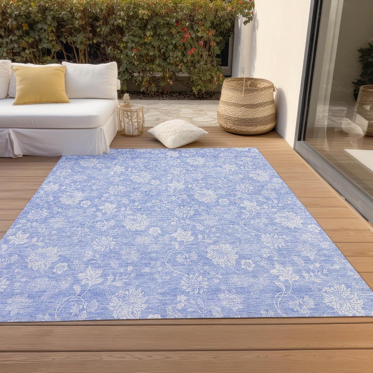 Sky Blue Floral Synthetic Indoor Outdoor Area Rug