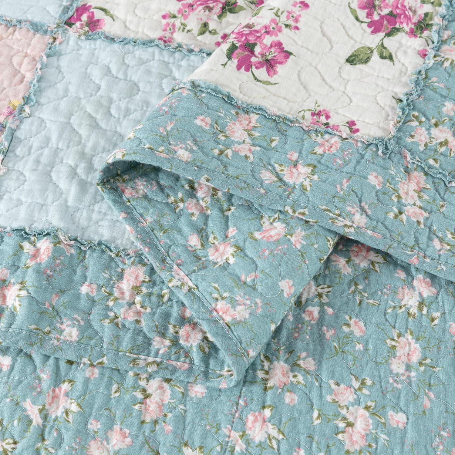 Chezmoi Collection 3-Piece Floral Pre-Washed Cotton Ruffle Trim Patchwork Quilt Set, Queen