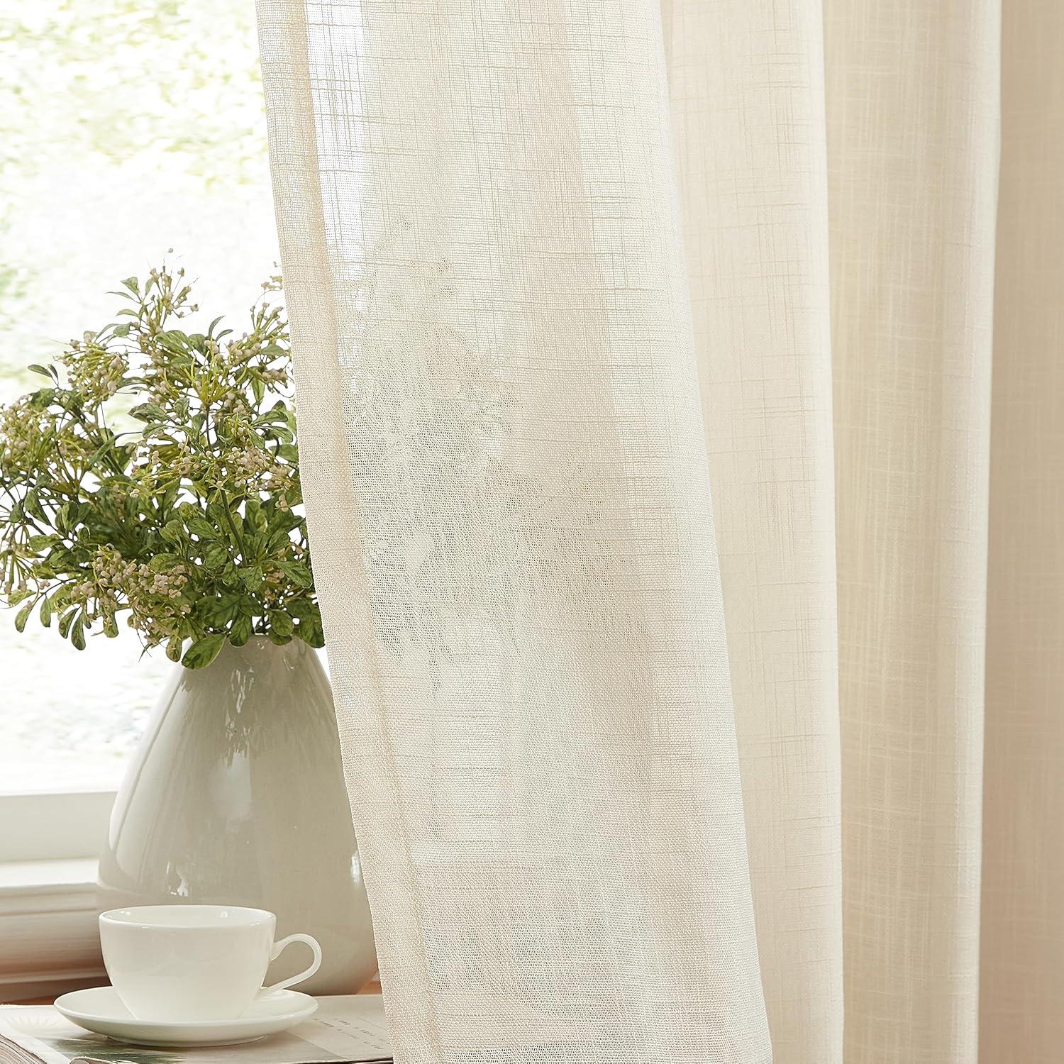 THD Serena Faux Linen Textured Semi Sheer Transparent Window Grommet Long Thick Curtain Panels, Pair