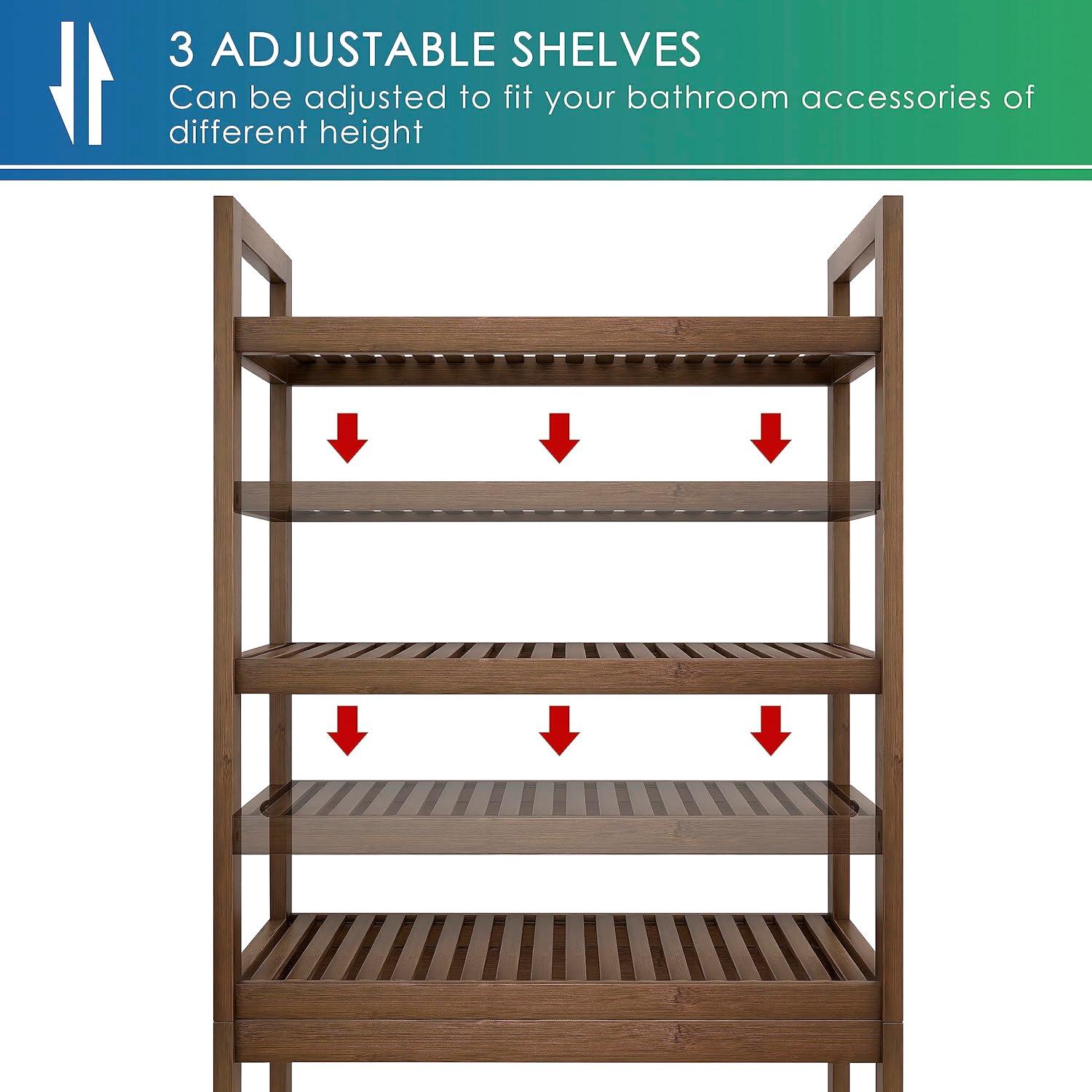 Bathroom Storage Shelf, Bamboo Over-The-Toilet Organizer Rack, Freestanding Toilet Space Saver With 3-Tier Adjustable Shelves