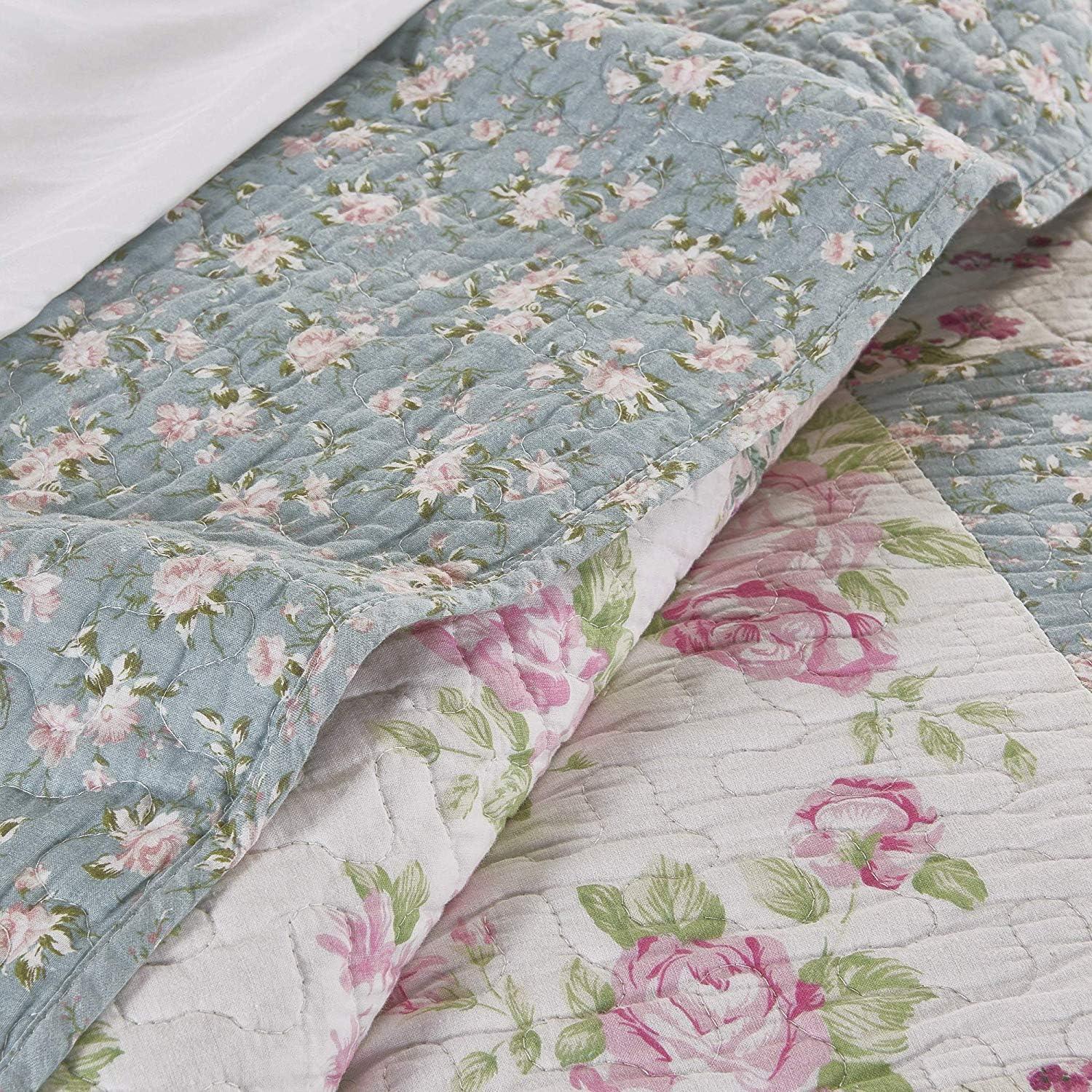 Chezmoi Collection Jolie 3-Piece Pre-Washed 100%-Cotton Real Patchwork Quilt Set, Reversible Diamond Garden Floral Quilted Bedspread