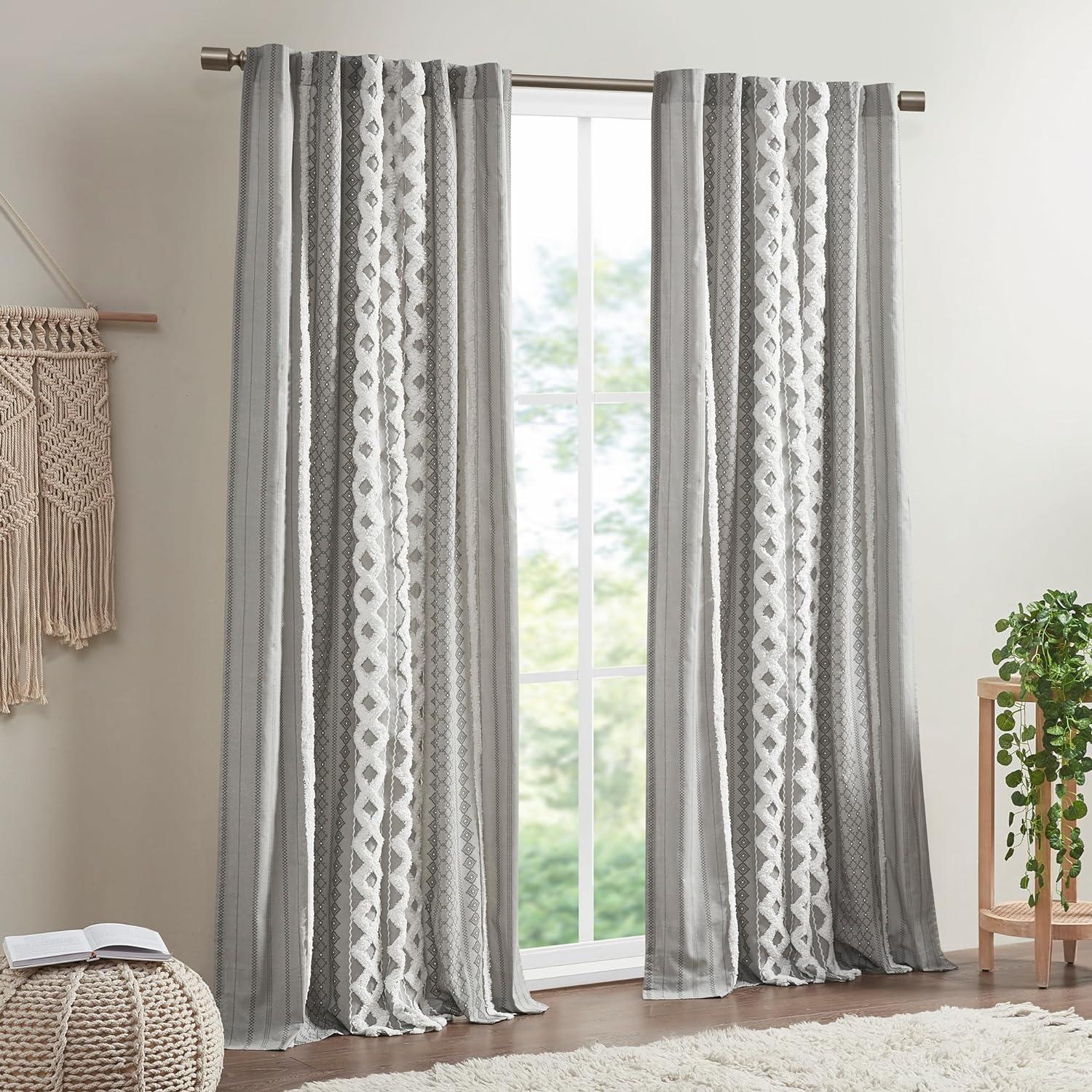 INK+IVY Imani Cotton Printed Boho Single Curtain Panel with Chenille Stripe and Lining