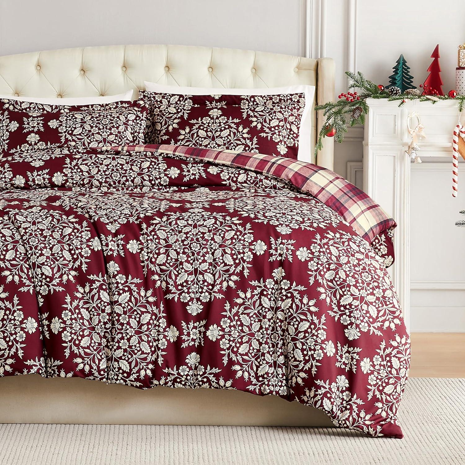 Holly and Red Plaid Reversible King/Cal King Duvet Cover Set