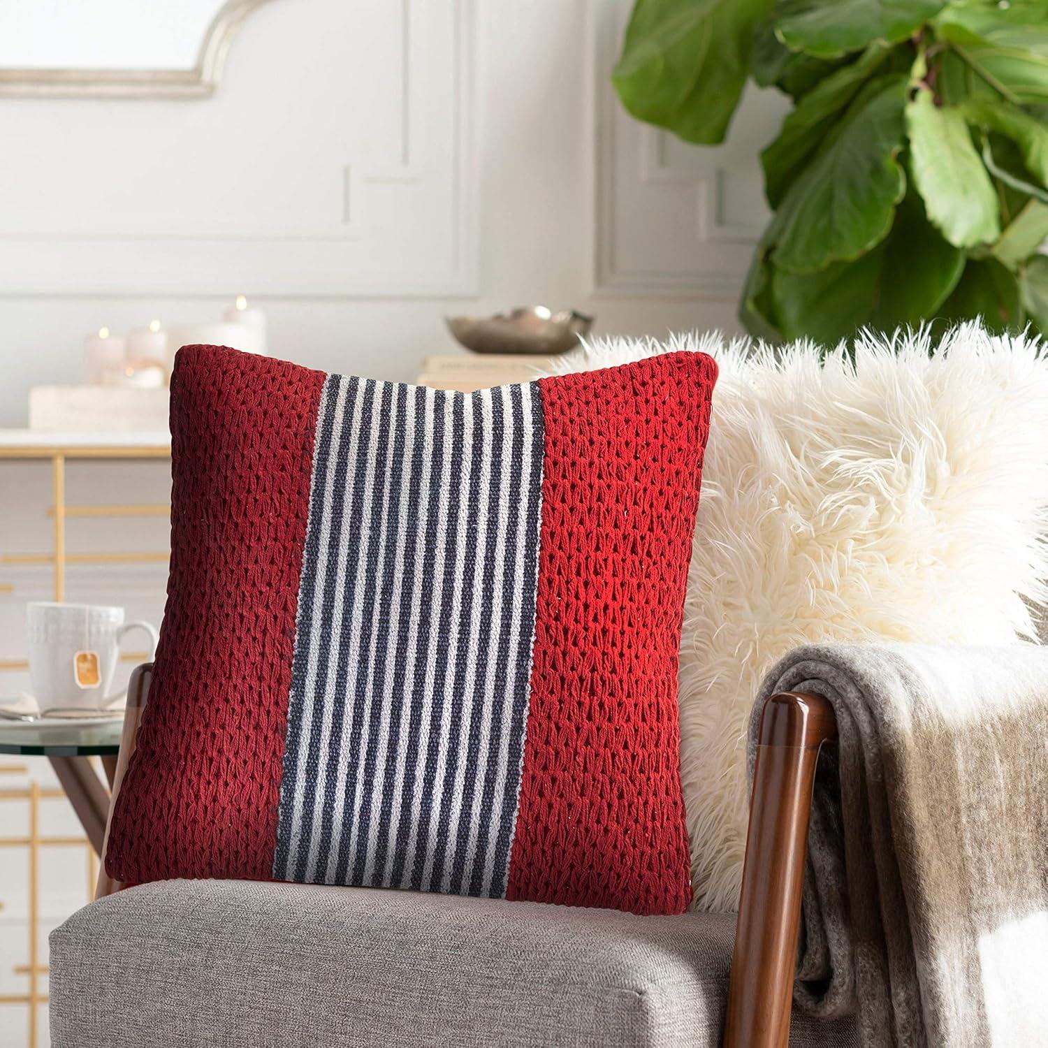 Red and Blue Nautical Striped Square Throw Pillow