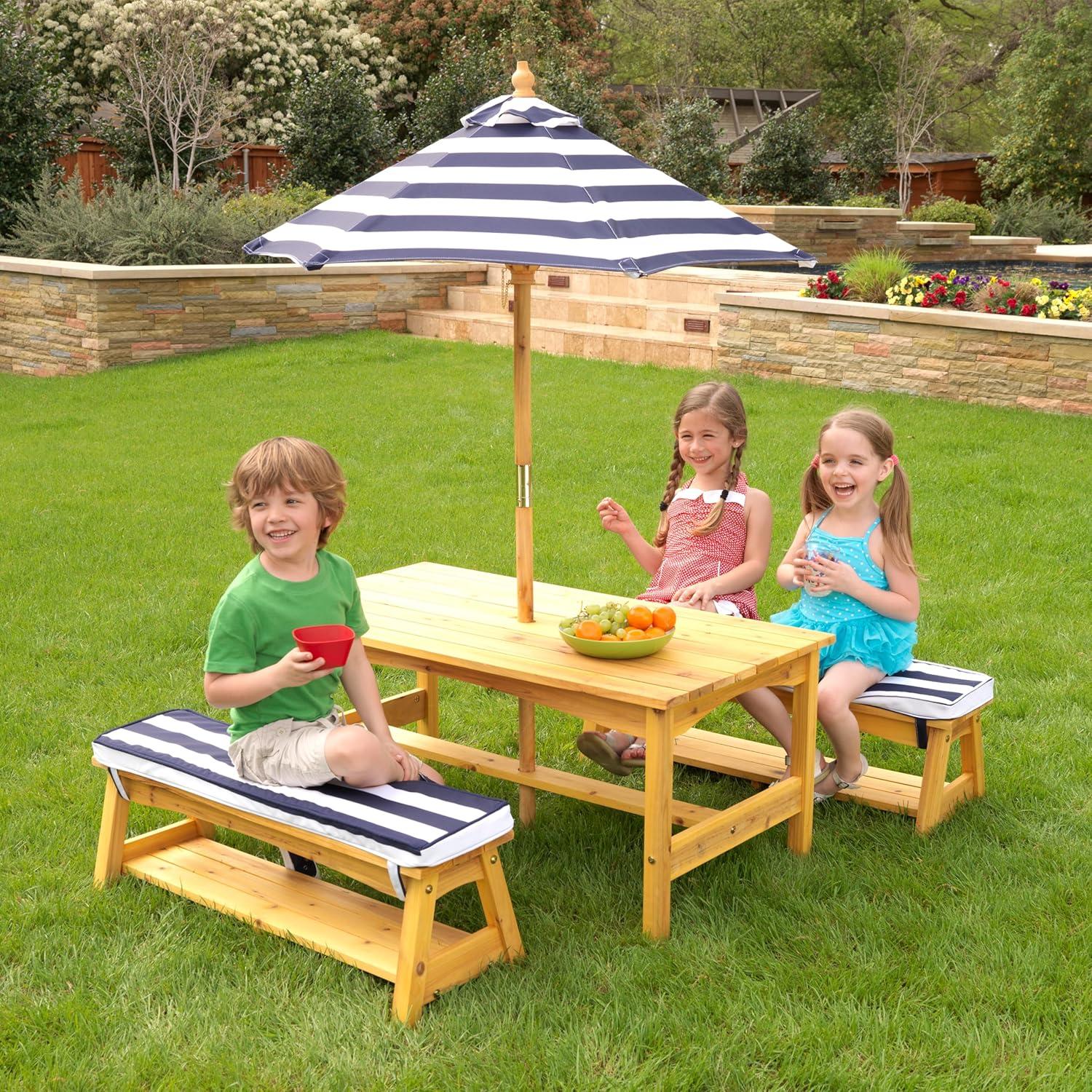 Outdoor Wooden Table & Benches with Cushions & Umbrella, Navy