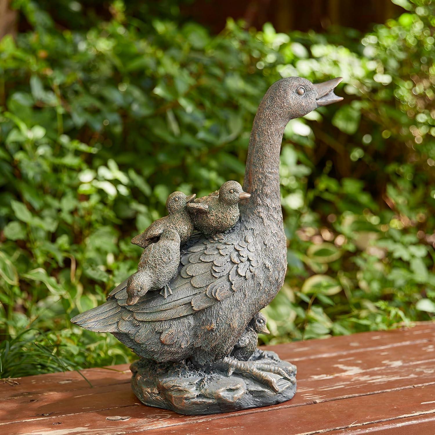 15" Aged Bronze Duck Family Garden Statue