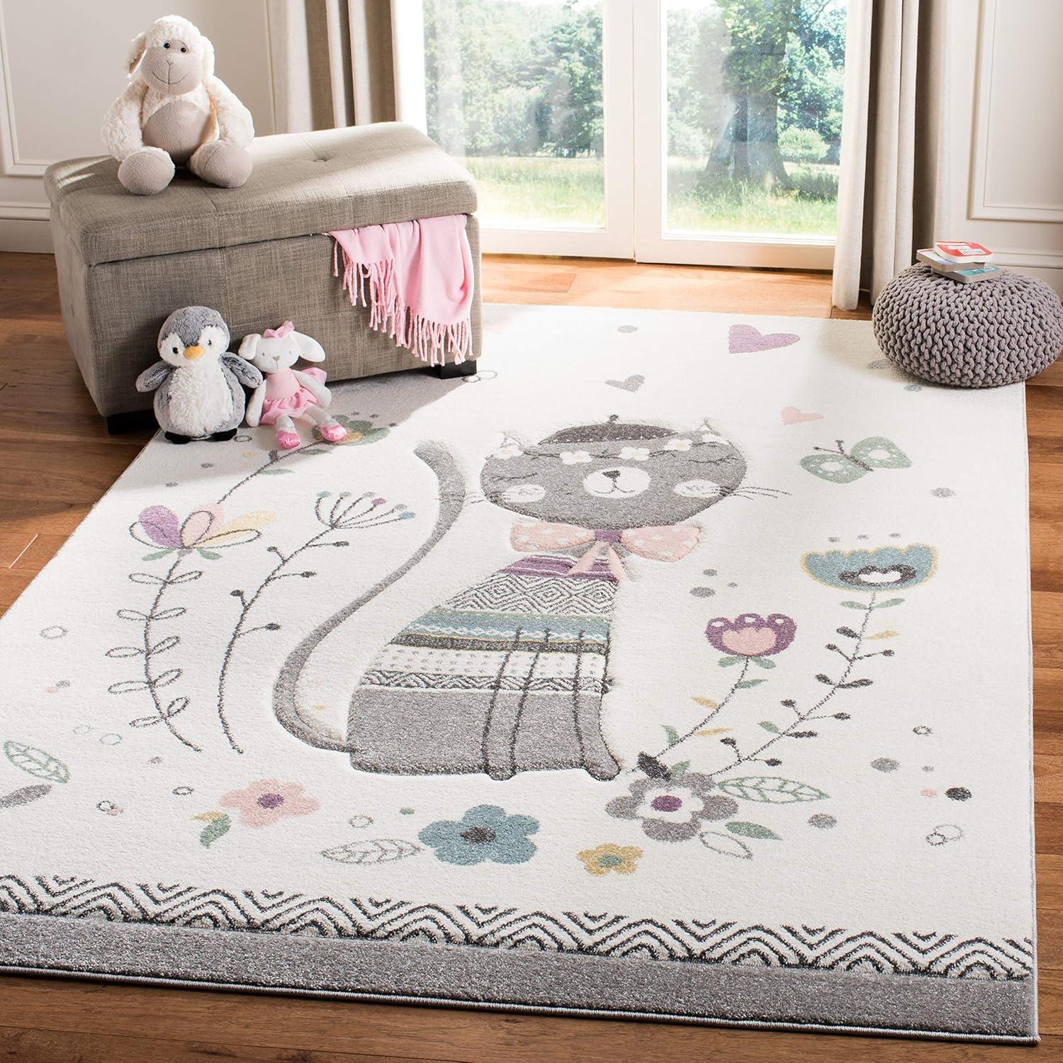 Ivory and Pink Hand-Knotted Synthetic 4' x 6' Kids Area Rug