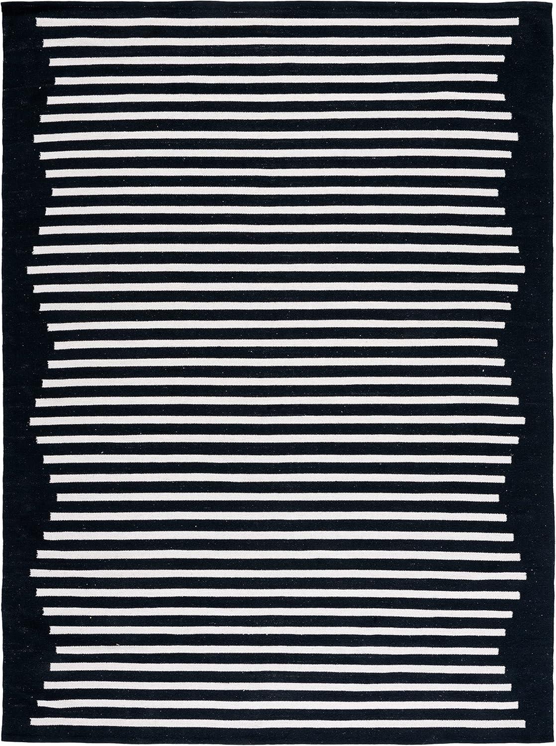 Handmade Black and Ivory Cotton Stripe 9' x 12' Rug